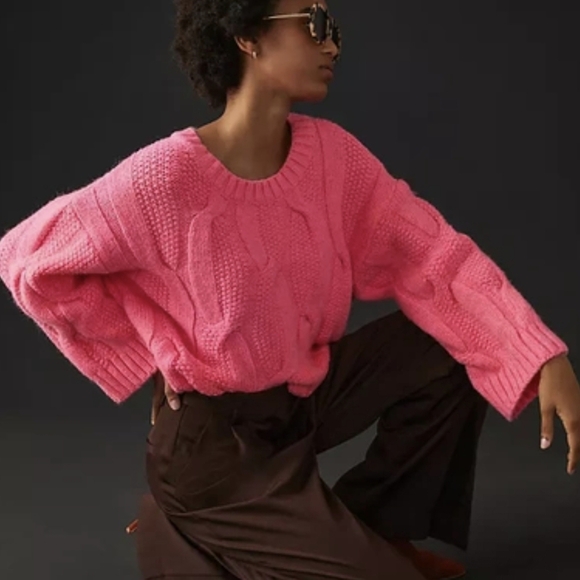 Anthropologie Sweaters - Anthropologie, New, Maeve Oversized Cable Pink Wool Pullover Sweater SZ Large